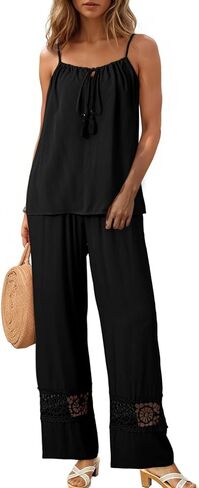 Dokotoo 2 Piece Sets for Women Summer Spaghetti Strap Tie Knot Top Lace Wide Leg Pants Set in Saudi Arabia