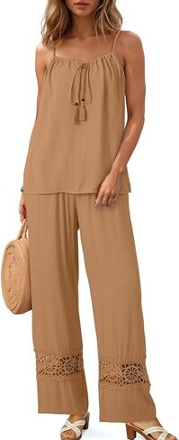 Dokotoo 2 Piece Sets for Women Summer Spaghetti Strap Tie Knot Top Lace Wide Leg Pants Set in Saudi Arabia