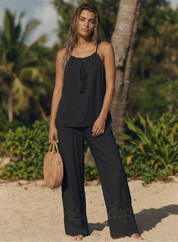 Dokotoo 2 Piece Sets for Women Summer Spaghetti Strap Tie Knot Top Lace Wide Leg Pants Set in Saudi Arabia