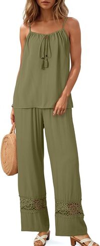Dokotoo 2 Piece Sets for Women Summer Spaghetti Strap Tie Knot Top Lace Wide Leg Pants Set in Saudi Arabia