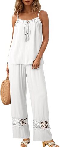 Dokotoo 2 Piece Sets for Women Summer Spaghetti Strap Tie Knot Top Lace Wide Leg Pants Set in Saudi Arabia