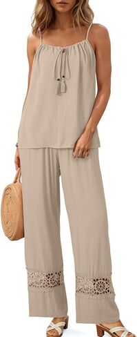 Dokotoo 2 Piece Sets for Women Summer Spaghetti Strap Tie Knot Top Lace Wide Leg Pants Set in Saudi Arabia