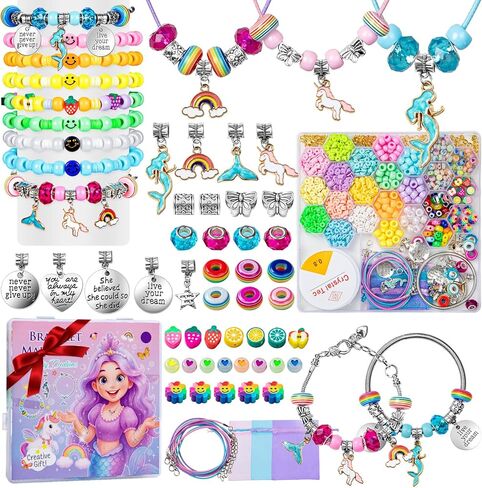 Taybonds Bracelet Making Kit for Girls Ages 4-12, 2200+ Beads Jewelry Craft Set with Charms, Unicorn Mermaid Pendants, Alphabet Beads, DIY Necklace Bracelet Kit Gift for Kids in Kuwait