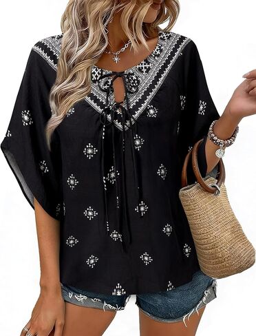 بلوزات نسائية صيفية بوهو من Vivilli موضة 2026 بلوزات غير رسمية منقوشة بالزهور ورقبة على شكل V وأكمام قصيرة وربطة أمامية قمصان متدفقة ملابس لقضاء الإجازات على الشاطئ in Kuwait