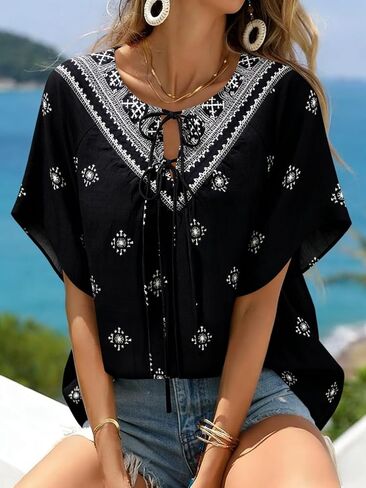 بلوزات نسائية صيفية بوهو من Vivilli موضة 2026 بلوزات غير رسمية منقوشة بالزهور ورقبة على شكل V وأكمام قصيرة وربطة أمامية قمصان متدفقة ملابس لقضاء الإجازات على الشاطئ in Kuwait