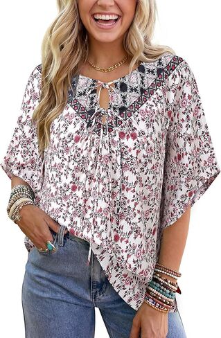 بلوزات نسائية صيفية بوهو من Vivilli موضة 2026 بلوزات غير رسمية منقوشة بالزهور ورقبة على شكل V وأكمام قصيرة وربطة أمامية قمصان متدفقة ملابس لقضاء الإجازات على الشاطئ in Kuwait