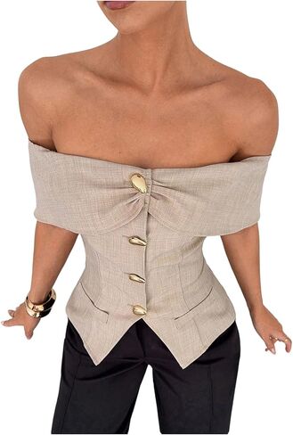 OYOANGLE Women's Metallic Button Up Off Shoulder Top Dressy Blouse Business Casual Outfits in Saudi Arabia