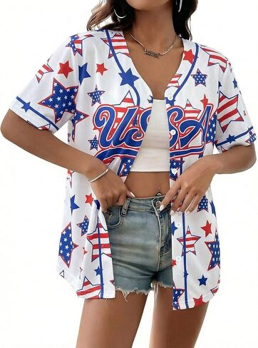 UNIQUEONE 4th of July Jersey Women: Patriotic Shirts USA American Flag Button Down Shirt USA Jersey V Neck Tops in Saudi Arabia