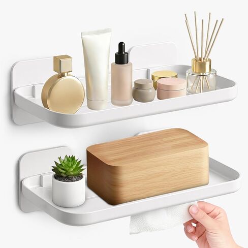 2 Pack Adhesive Floating Shelves No Drill Small Floating Shelf for Wall Storage Damage-Free Wall Mounted Organizer for Bathroom, Kitchen, Bedroom & Office (White) in Saudi Arabia