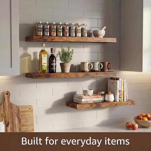 16 Inch Oak Floating Shelves Set of 3, Brown Wall Mounted Shelves with Hidden Brackets, Thin Floating Shelves for Wall Decor, Kitchen Bathroom Bedroom Office in Saudi Arabia