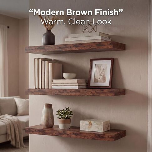 16 Inch Oak Floating Shelves Set of 3, Brown Wall Mounted Shelves with Hidden Brackets, Thin Floating Shelves for Wall Decor, Kitchen Bathroom Bedroom Office in Saudi Arabia