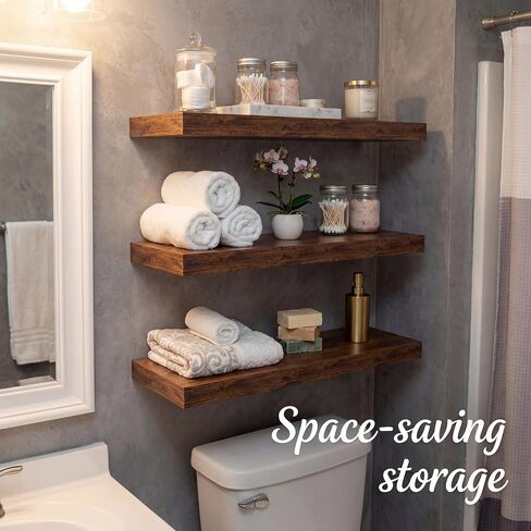 16 Inch Oak Floating Shelves Set of 3, Brown Wall Mounted Shelves with Hidden Brackets, Thin Floating Shelves for Wall Decor, Kitchen Bathroom Bedroom Office in Saudi Arabia