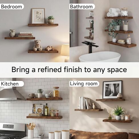 16 Inch Oak Floating Shelves Set of 3, Brown Wall Mounted Shelves with Hidden Brackets, Thin Floating Shelves for Wall Decor, Kitchen Bathroom Bedroom Office in Saudi Arabia