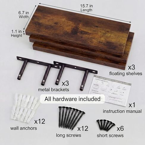 16 Inch Oak Floating Shelves Set of 3, Brown Wall Mounted Shelves with Hidden Brackets, Thin Floating Shelves for Wall Decor, Kitchen Bathroom Bedroom Office in Saudi Arabia