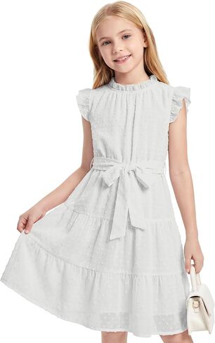Cubear Girls Summer Dresses Ruffle Sleeve A-Line Swiss Dot Dress with Belt for Girls 6-15 Years in Saudi Arabia