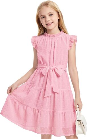 Cubear Girls Summer Dresses Ruffle Sleeve A-Line Swiss Dot Dress with Belt for Girls 6-15 Years in Saudi Arabia