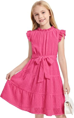 Cubear Girls Summer Dresses Ruffle Sleeve A-Line Swiss Dot Dress with Belt for Girls 6-15 Years in Saudi Arabia