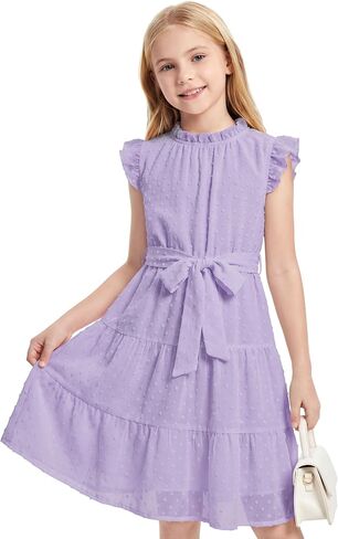 Cubear Girls Summer Dresses Ruffle Sleeve A-Line Swiss Dot Dress with Belt for Girls 6-15 Years in Saudi Arabia