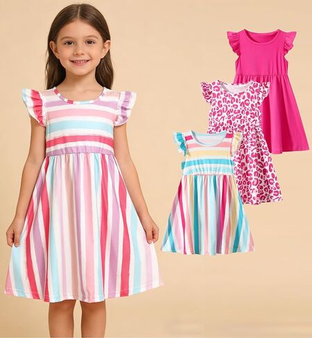 Girls Dress 3 Pcs Short Sleeve Ruffle Swing Flowy A-Line Sundress Summer Spring in Saudi Arabia
