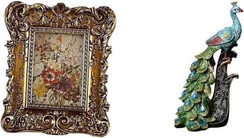 Hand Carved Floral Peacock Photo Frame Sculpture Collection Elegant Tabletop Wall Mounted Antique Picture Holder Ornament for Office Dorm Home Bedroom in Saudi Arabia