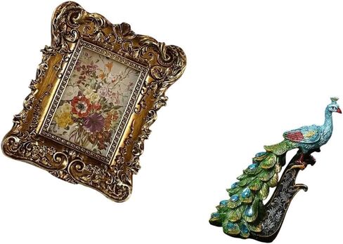 Hand Carved Floral Peacock Photo Frame Sculpture Collection Elegant Tabletop Wall Mounted Antique Picture Holder Ornament for Office Dorm Home Bedroom in Saudi Arabia