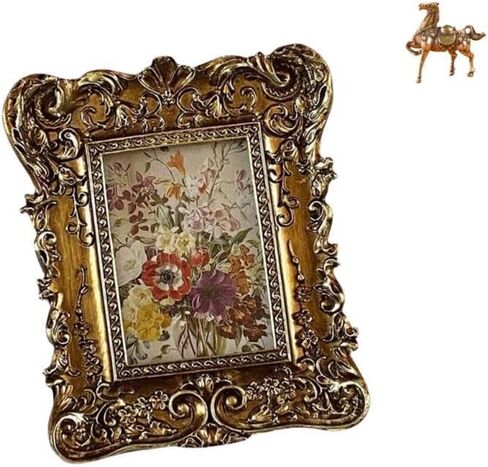 Hand Carved Floral Photo Frame and Horse Statue Figurines Antique Picture Holder Tabletop Wall Mounted Vintage Crafts Gift Ornament Sculpture for in Saudi Arabia