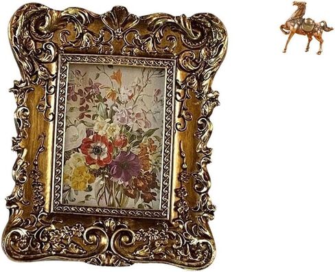 Hand Carved Floral Photo Frame and Horse Statue Figurines Antique Picture Holder Tabletop Wall Mounted Vintage Crafts Gift Ornament Sculpture for in Saudi Arabia