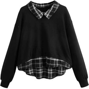 SweatyRocks Women's 2 in 1 Long Sleeve Plaid Collar Shirt Pullover Sweatshirt in Kuwait