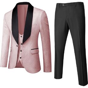 UNINUKOO Mens Floral Suits 3 Piece Tuxedo Suit Slim Fit Jacquard Tux Suit Set Shawl Lapel for Wedding Prom Suit