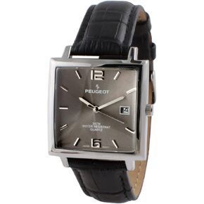 Peugeot Men's Modern Square Casual Quartz Wrist Watch with Metal Case and Leather Strap