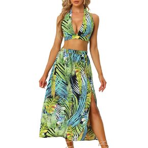 Allegra K Women's 2023 Summer 2 Piece Tropical Tie Backless Halter V Neck Crop Top with Split Thigh Skirt Set