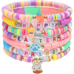 Yiruhe 7pcs Easter Heishi Bracelets Polymer Clay Elastic Bracelets Man Woman Party Easter Bunny Egg Bracelets