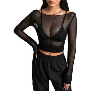 GORGLITTER Women's Sheer Hollow Out Knit Sweater Crop Top Boat Neck Tie Back Pullover Tops in Saudi Arabia