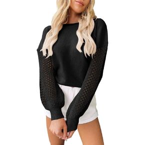 بلوفر نسائي من Langwyqu مصنوع من الكروشيه بياقة دائرية وأكمام طويلة وفانوس، بلوفر أنيق وفضفاض in Kuwait