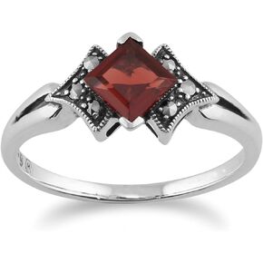 925 Sterling Silver Art Deco Garnet & Marcasite Ring
