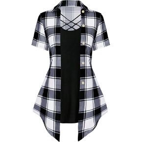 WDIRARA Women's Plus Size Plaid Crisscross Button Front Short Sleeve Tee 2 in 1 Asymmetrical Hem Top