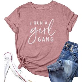 MOUSYA Womens I Run A Girl Gang T-Shirt Girl Mom Shirt Short Sleeve Letter Printed Round Neck Summer Casual Tee Tops