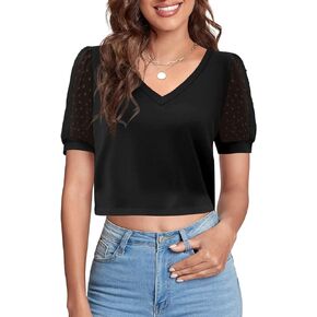 Tankaneo Womens Casual Cropped T Shirts V Neck Swiss Dot Puff Sleeve Crop Tops Summer Loose Basic Tees Tshirts