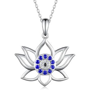 SVODEA Lotus Flower Necklace for Women,925 Sterling Silver Created Cubic Zirconia Evil Eye Pendant Necklaces,Spiritual Protection Jewelry Gift for Mom Girls Daughter,18''-20''