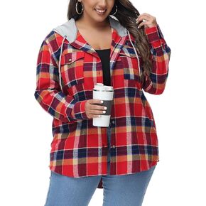 MCEDAR Women's Oversized Flannel Shirts Plaid Hoodie Long Sleeve Button Down Plus Size Casual Plaid Shirt Jacket (S-4X) in Kuwait