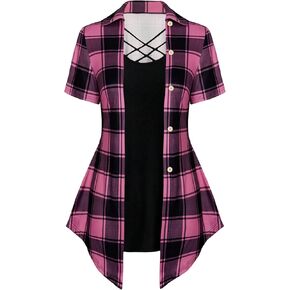 WDIRARA Women's Plus Size Plaid Crisscross Button Front Short Sleeve Tee 2 in 1 Asymmetrical Hem Top in Kuwait