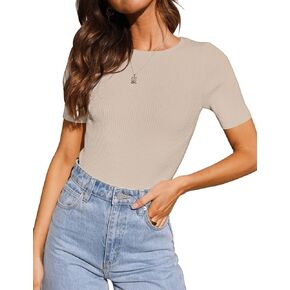 Women's Stripe Ribbed T-Shirt Short Sleeve Summer Shirts 2024 Knit Slim Fit Basic Solid Color Tee Tops
