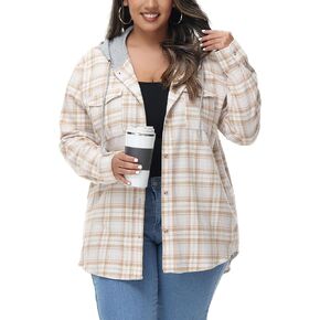 MCEDAR Women's Oversized Flannel Shirts Plaid Hoodie Long Sleeve Button Down Plus Size Casual Plaid Shirt Jacket (S-4X)