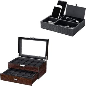 BEWISHOME Watch Box 20 Slots Watch Case for Men - Luxury Watch Organizer with Glass Top & Mens Valet Tray Dresser Organizer Nightstand Organizer,Bundle