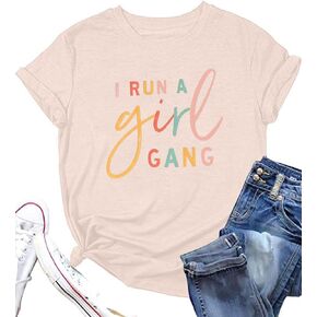 تي شيرت نسائي من MOUSYA مطبوع عليه I Run A Girl Gang تي شيرت فتاة أمي بأكمام قصيرة مطبوع عليه حروف وياقة مستديرة للصيف تي شيرت غير رسمي