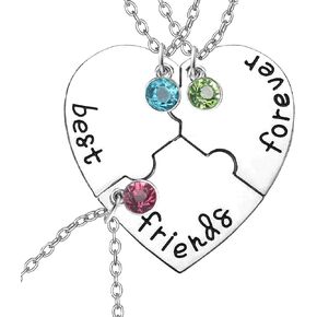 Stainless Steel Best Friends Forever and Ever Friendship Necklaces Set for 3,4 with Shiny Crystal on Puzzle Heart Pendants