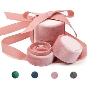 Velvet Ring Box - Gorgeous Round Wedding Ring Bearer Box with Elegant Ribbon Bow Vintage Jewelry Holder Gift Organizer for Proposal, Engagement, Ceremony, Photography (Blue)