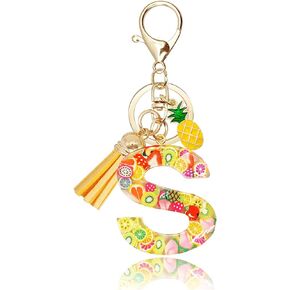 OKAICEN Fashion Cute Fruit-Elements Alphabet Initial Letter Keychain Yellow Tassel Pineapple Pendant Key Ring for Women Girl