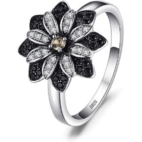 JewelryPalace Daisy Flower Sunflower Genuine Natural Smoky Quartz Black Spinel Cocktail Rings for Women, 14K White Gold Plated 925 Sterling Silver Rings for Her, Natural Gemstone Jewelry Sets