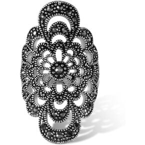 Ajojewel Vintage Hollow Flower Ladies Rings With Black Rhinestone Antique Finger Jewelry Accessories